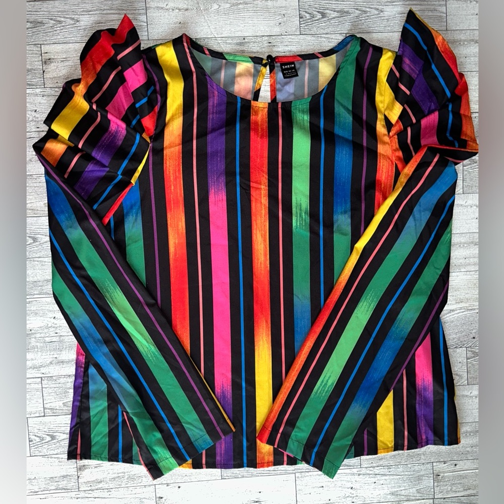 Black Multicolor Striped Long Sleeve Blouse